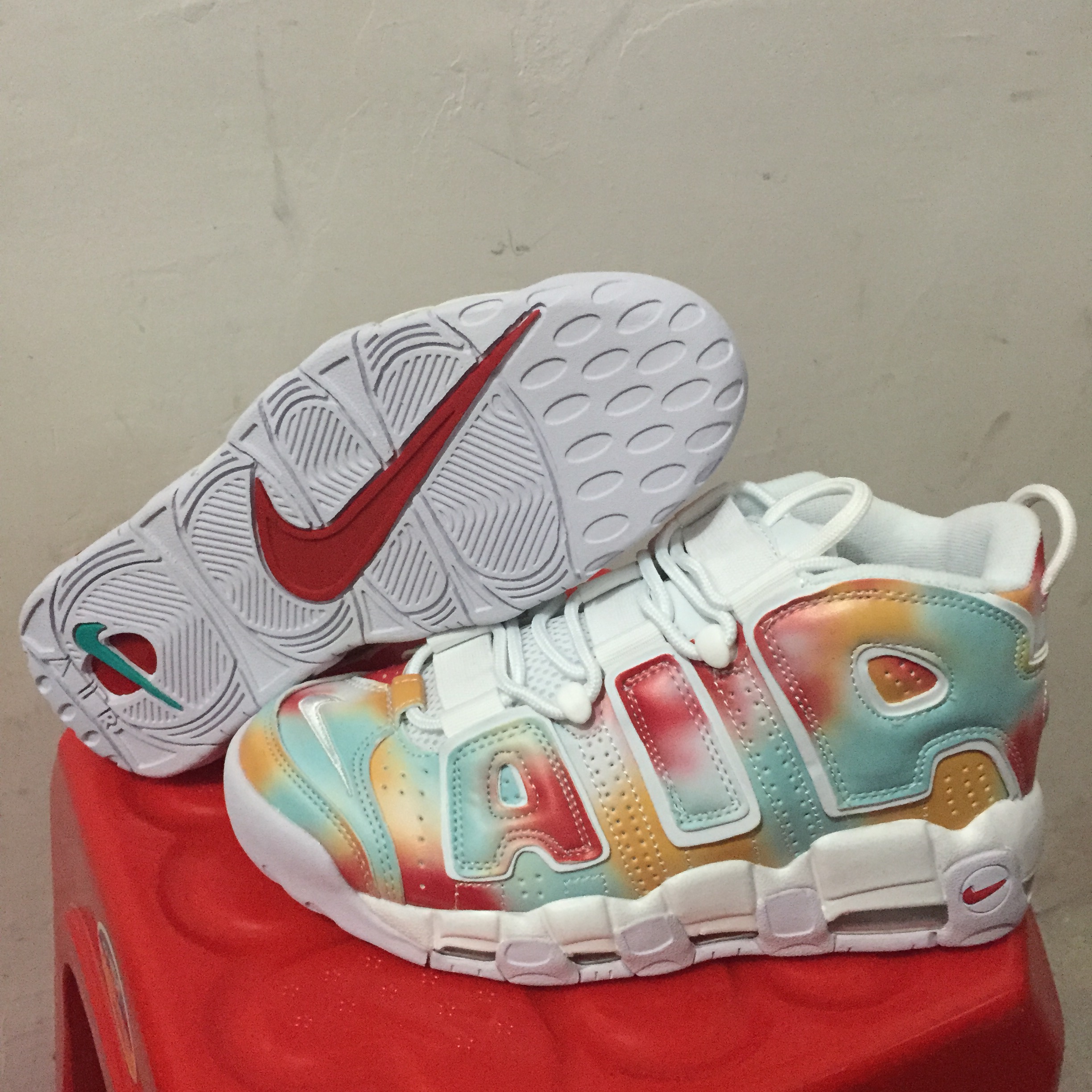 Women Nike Air More Uptempo White Rianbow Green Red - Click Image to Close